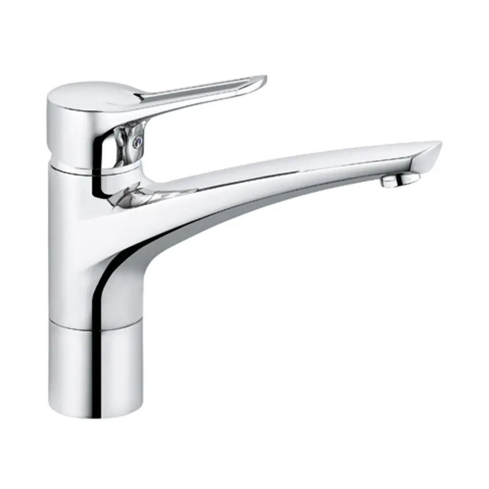 Kludi Wasserhahn mit verchromter Oberfläche und langem Auslauf, geeignet für Unterfenstermontage, mit einem Hebel zur Regelung des Wasserflusses.